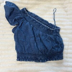 Aerie Navy One-Shoulder Ruffle Blouse